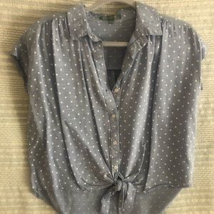 Short sleeve button up with blue/white polka dots